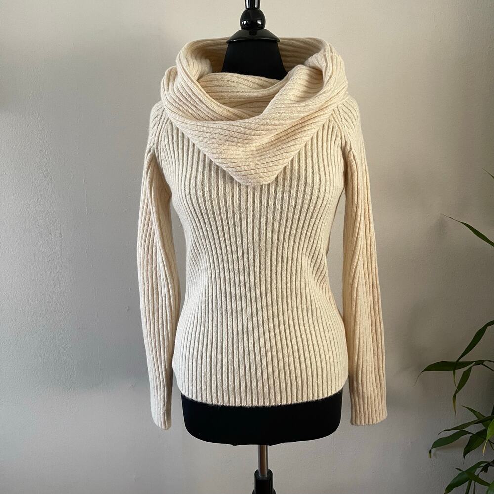 Auver Fit Womens XS-M Ribbed Cowlneck Sweater Cream Cozy Minimalist Casual
